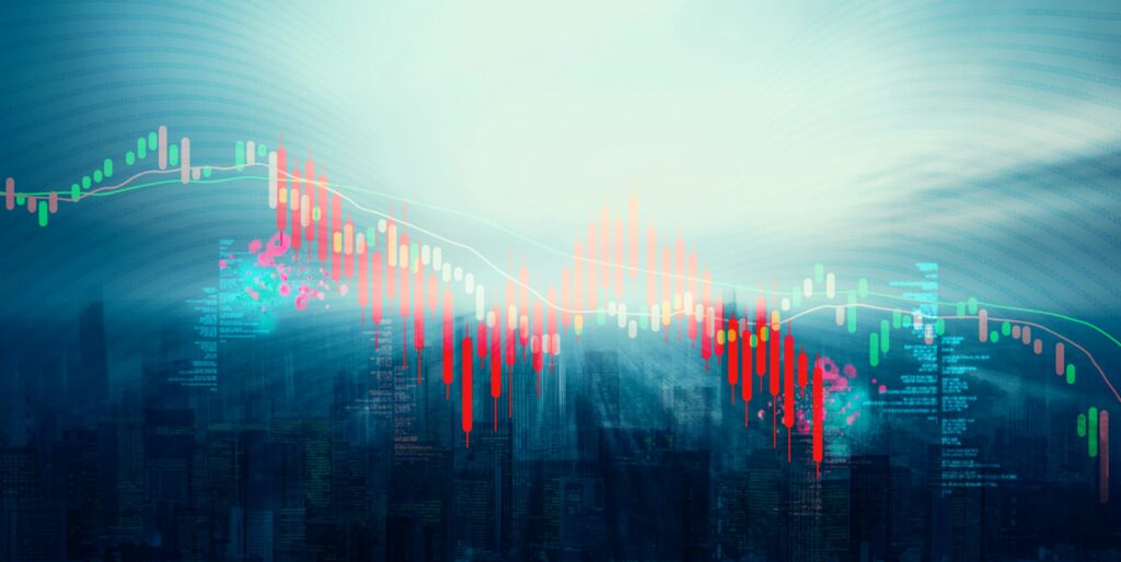 Candlestick chart overlayed on cityscape